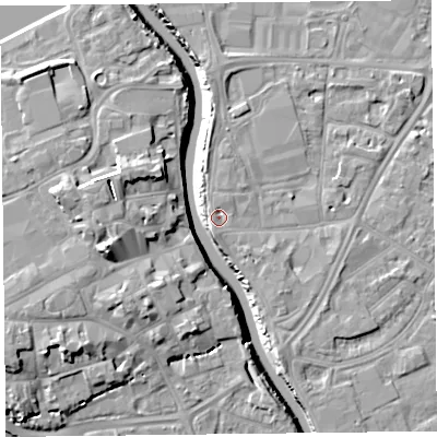 Shaded relief map of the ground around TA65AY, computed from Environment Agency LiDAR. The ground here sits at about 7 m above sea level and falls 13 m across the surrounding 800 m. Surface water reaching this point runs off ground lying to the north, 1.5 m higher.