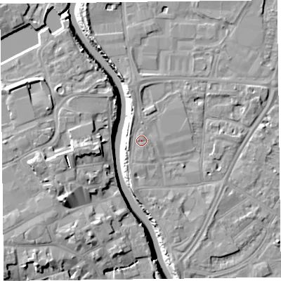 Shaded relief map of the ground around TA65AZ, computed from Environment Agency LiDAR. The ground here sits at about 8 m above sea level and falls 13 m across the surrounding 800 m. Surface water reaching this point runs off ground lying to the north-north-west, 1.1 m higher.