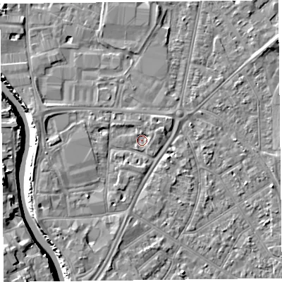 Shaded relief map of the ground around TA65BA, computed from Environment Agency LiDAR. The ground here sits at about 6 m above sea level and falls 11 m across the surrounding 800 m. Surface water reaching this point runs off ground lying to the east-north-east, 1.8 m higher.
