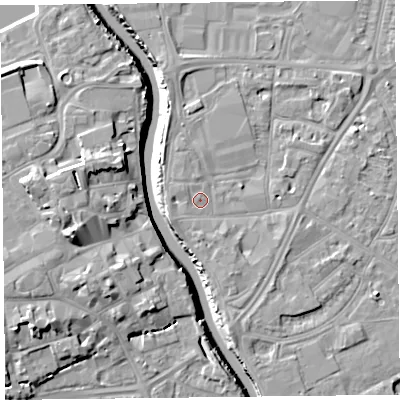 Shaded relief map of the ground around TA65BE, computed from Environment Agency LiDAR. The ground here sits at about 8 m above sea level and falls 13 m across the surrounding 800 m. Surface water reaching this point runs off ground lying to the west-north-west, 0.8 m higher.