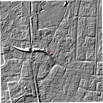 Shaded relief map of the ground around TA65BF, computed from Environment Agency LiDAR. The ground here sits at about 7 m above sea level and falls 7 m across the surrounding 800 m. Surface water reaching this point runs off ground lying to the west-south-west, 1.6 m higher.
