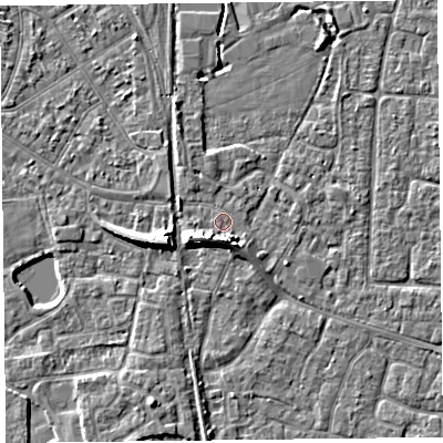 Shaded relief map of the ground around TA65BG, computed from Environment Agency LiDAR. The ground here sits at about 7 m above sea level and falls 7 m across the surrounding 800 m. Surface water reaching this point runs off ground lying to the west-south-west, 5.4 m higher.
