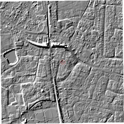 Shaded relief map of the ground around TA65BH, computed from Environment Agency LiDAR. The ground here sits at about 6 m above sea level and falls 7 m across the surrounding 800 m. Surface water reaching this point runs off ground lying to the north-north-west, 5.9 m higher.