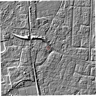 Shaded relief map of the ground around TA65BL, computed from Environment Agency LiDAR. The ground here sits at about 7 m above sea level and falls 7 m across the surrounding 800 m. Surface water reaching this point runs off ground lying to the north-east, 1.0 m higher.