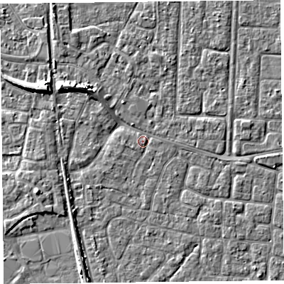 Shaded relief map of the ground around TA65BN, computed from Environment Agency LiDAR. The ground here sits at about 7 m above sea level and falls 7 m across the surrounding 800 m. Surface water reaching this point runs off ground lying to the north-west, 6.1 m higher.