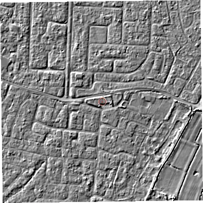 Shaded relief map of the ground around TA65BP, computed from Environment Agency LiDAR. The ground here sits at about 7 m above sea level and falls 4 m across the surrounding 800 m. Surface water reaching this point runs off ground lying to the east-south-east, 1.1 m higher.