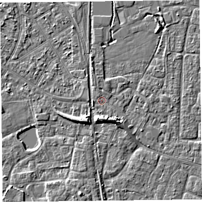 Shaded relief map of the ground around TA65BQ, computed from Environment Agency LiDAR. The ground here sits at about 7 m above sea level and falls 7 m across the surrounding 800 m. Surface water reaching this point runs off ground lying to the south, 5.4 m higher.