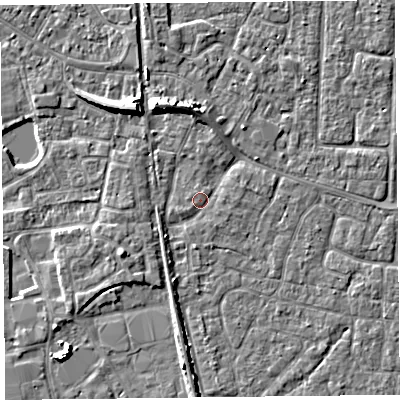 Shaded relief map of the ground around TA65BS, computed from Environment Agency LiDAR. The ground here sits at about 7 m above sea level and falls 7 m across the surrounding 800 m. Surface water reaching this point runs off ground lying to the north-north-west, 5.4 m higher.