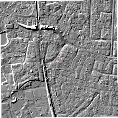 Shaded relief map of the ground around TA65BT, computed from Environment Agency LiDAR. The ground here sits at about 6 m above sea level and falls 7 m across the surrounding 800 m. Surface water reaching this point runs off ground lying to the north-north-west, 5.4 m higher.