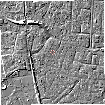 Shaded relief map of the ground around TA65BU, computed from Environment Agency LiDAR. The ground here sits at about 6 m above sea level and falls 6 m across the surrounding 800 m. Surface water reaching this point runs off ground lying to the north-west, 5.7 m higher.
