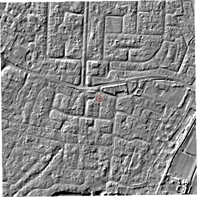 Shaded relief map of the ground around TA65BW, computed from Environment Agency LiDAR. The ground here sits at about 6 m above sea level and falls 4 m across the surrounding 800 m. The ground contributing surface water to this point lies to the east-north-east.