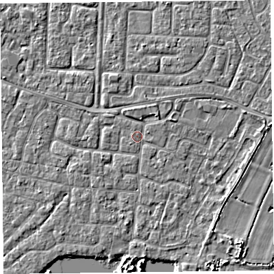 Shaded relief map of the ground around TA65BX, computed from Environment Agency LiDAR. The ground here sits at about 6 m above sea level and falls 5 m across the surrounding 800 m. Surface water reaching this point runs off ground lying to the north-east, 1.4 m higher.