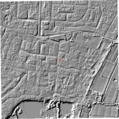 Shaded relief map of the ground around TA65BY, computed from Environment Agency LiDAR. The ground here sits at about 6 m above sea level and falls 5 m across the surrounding 800 m. Surface water reaching this point runs off ground lying to the north-north-east, 1.4 m higher.