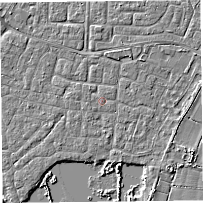 Shaded relief map of the ground around TA65BZ, computed from Environment Agency LiDAR. The ground here sits at about 6 m above sea level and falls 5 m across the surrounding 800 m. The ground contributing surface water to this point lies to the west-south-west.