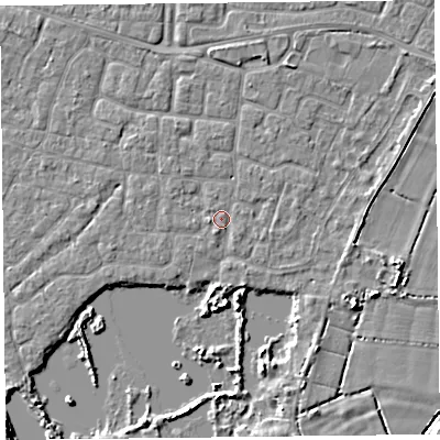 Shaded relief map of the ground around TA65DA, computed from Environment Agency LiDAR. The ground here sits at about 6 m above sea level and falls 5 m across the surrounding 800 m. Surface water reaching this point runs off ground lying to the west, 1.2 m higher.