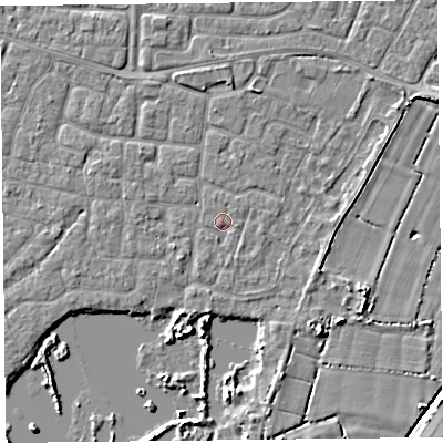 Shaded relief map of the ground around TA65DB, computed from Environment Agency LiDAR. The ground here sits at about 6 m above sea level and falls 5 m across the surrounding 800 m. Surface water reaching this point runs off ground lying to the south-west, 0.7 m higher.