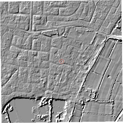 Shaded relief map of the ground around TA65DD, computed from Environment Agency LiDAR. The ground here sits at about 6 m above sea level and falls 5 m across the surrounding 800 m. Surface water reaching this point runs off ground lying to the north, 1.9 m higher.