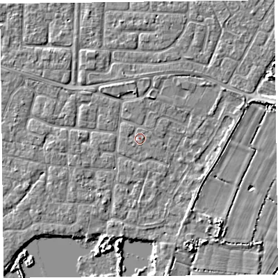 Shaded relief map of the ground around TA65DE, computed from Environment Agency LiDAR. The ground here sits at about 6 m above sea level and falls 5 m across the surrounding 800 m. Surface water reaching this point runs off ground lying to the east, 0.6 m higher.
