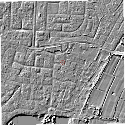 Shaded relief map of the ground around TA65DF, computed from Environment Agency LiDAR. The ground here sits at about 6 m above sea level and falls 5 m across the surrounding 800 m. Surface water reaching this point runs off ground lying to the north, 0.6 m higher.