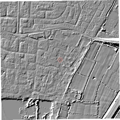 Shaded relief map of the ground around TA65DH, computed from Environment Agency LiDAR. The ground here sits at about 6 m above sea level and falls 7 m across the surrounding 800 m. Surface water reaching this point runs off ground lying to the north-west, 1.9 m higher.