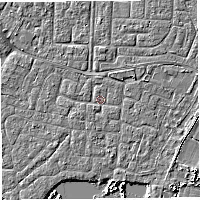 Shaded relief map of the ground around TA65DJ, computed from Environment Agency LiDAR. The ground here sits at about 6 m above sea level and falls 4 m across the surrounding 800 m. Surface water reaching this point runs off ground lying to the north, 1.4 m higher.