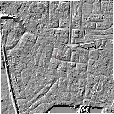 Shaded relief map of the ground around TA65DL, computed from Environment Agency LiDAR. The ground here sits at about 6 m above sea level and falls 7 m across the surrounding 800 m. Surface water reaching this point runs off ground lying to the south-west, 2.8 m higher.