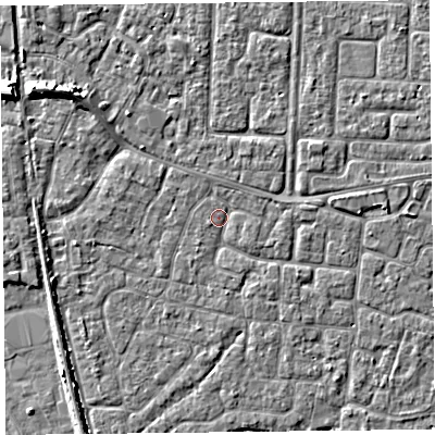 Shaded relief map of the ground around TA65DN, computed from Environment Agency LiDAR. The ground here sits at about 6 m above sea level and falls 7 m across the surrounding 800 m. Surface water reaching this point runs off ground lying to the north-west, 5.7 m higher.