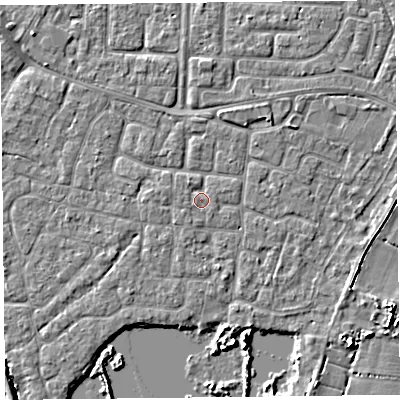 Shaded relief map of the ground around TA65DP, computed from Environment Agency LiDAR. The ground here sits at about 6 m above sea level and falls 5 m across the surrounding 800 m. Surface water reaching this point runs off ground lying to the north-north-west, 0.9 m higher.