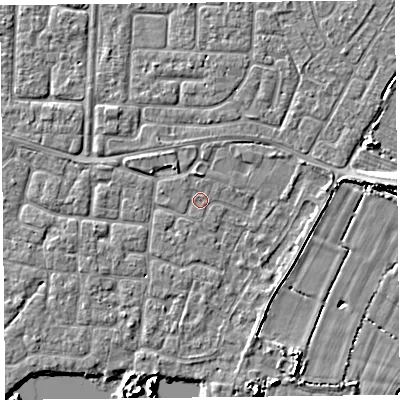 Shaded relief map of the ground around TA65DQ, computed from Environment Agency LiDAR. The ground here sits at about 6 m above sea level and falls 5 m across the surrounding 800 m. Surface water reaching this point runs off ground lying to the north-west, 0.6 m higher.
