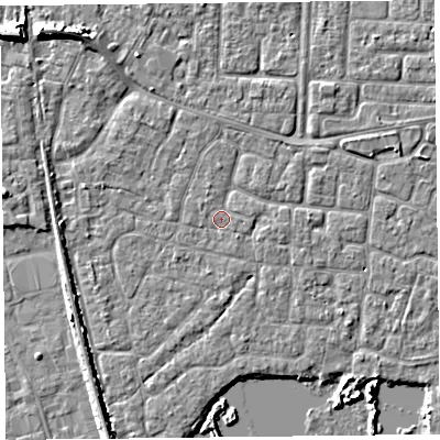 Shaded relief map of the ground around TA65DS, computed from Environment Agency LiDAR. The ground here sits at about 6 m above sea level and falls 7 m across the surrounding 800 m. Surface water reaching this point runs off ground lying to the north-west, 0.6 m higher.