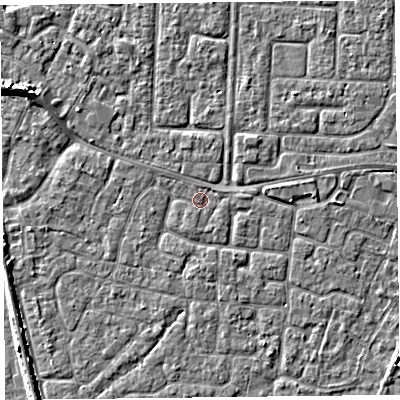 Shaded relief map of the ground around TA65DT, computed from Environment Agency LiDAR. The ground here sits at about 6 m above sea level and falls 6 m across the surrounding 800 m. Surface water reaching this point runs off ground lying to the south, 0.7 m higher.