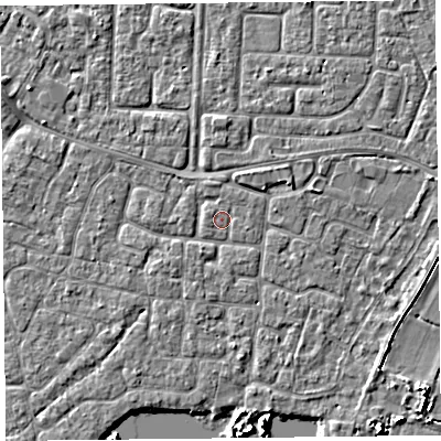 Shaded relief map of the ground around TA65DW, computed from Environment Agency LiDAR. The ground here sits at about 6 m above sea level and falls 4 m across the surrounding 800 m. Surface water reaching this point runs off ground lying to the north-west, 0.6 m higher.