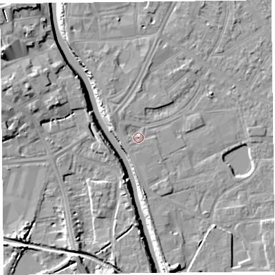 Shaded relief map of the ground around TA65DX, computed from Environment Agency LiDAR. The ground here sits at about 7 m above sea level and falls 13 m across the surrounding 800 m. Surface water reaching this point runs off ground lying to the west-south-west, 1.3 m higher.