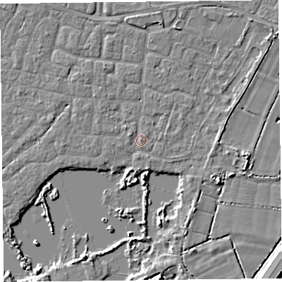 Shaded relief map of the ground around TA65DY, computed from Environment Agency LiDAR. The ground here sits at about 6 m above sea level and falls 5 m across the surrounding 800 m. Surface water reaching this point runs off ground lying to the west-north-west, 0.8 m higher.