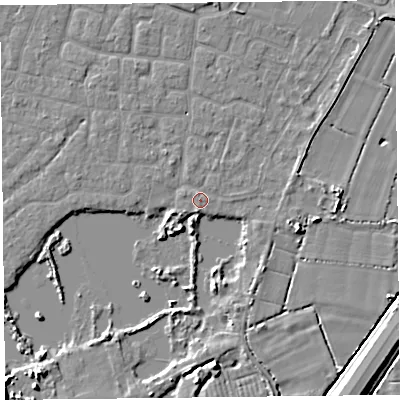 Shaded relief map of the ground around TA65DZ, computed from Environment Agency LiDAR. The ground here sits at about 6 m above sea level and falls 6 m across the surrounding 800 m. Surface water reaching this point runs off ground lying to the north-east, 0.7 m higher.