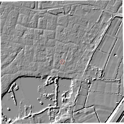 Shaded relief map of the ground around TA65EA, computed from Environment Agency LiDAR. The ground here sits at about 6 m above sea level and falls 5 m across the surrounding 800 m. Surface water reaching this point runs off ground lying to the west-south-west, 0.6 m higher.