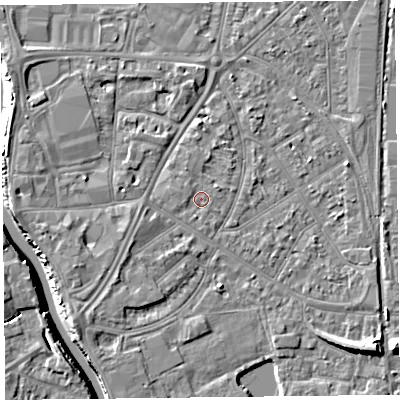 Shaded relief map of the ground around TA65EE, computed from Environment Agency LiDAR. The ground here sits at about 7 m above sea level and falls 10 m across the surrounding 800 m. Surface water reaching this point runs off ground lying to the west, 0.7 m higher.