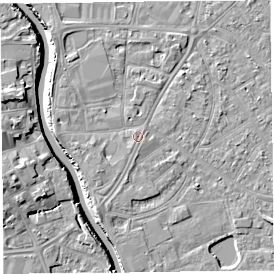 Shaded relief map of the ground around TA65EF, computed from Environment Agency LiDAR. The ground here sits at about 8 m above sea level and falls 11 m across the surrounding 800 m. Surface water reaching this point runs off ground lying to the west-north-west, 0.5 m higher.