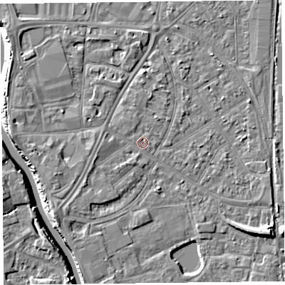 Shaded relief map of the ground around TA65EG, computed from Environment Agency LiDAR. The ground here sits at about 7 m above sea level and falls 10 m across the surrounding 800 m. Surface water reaching this point runs off ground lying to the south-west, 1.5 m higher.