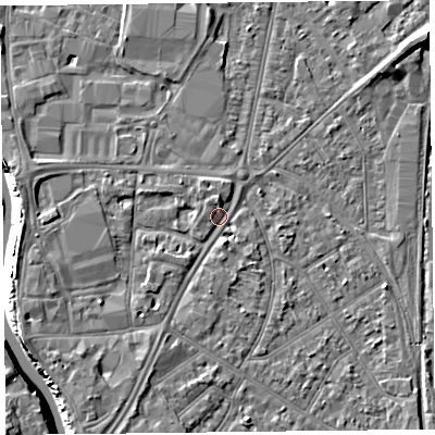 Shaded relief map of the ground around TA65EH, computed from Environment Agency LiDAR. The ground here sits at about 7 m above sea level and falls 9 m across the surrounding 800 m. Surface water reaching this point runs off ground lying to the west, 2.7 m higher.