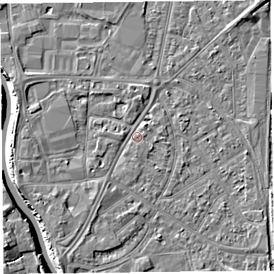 Shaded relief map of the ground around TA65EJ, computed from Environment Agency LiDAR. The ground here sits at about 7 m above sea level and falls 9 m across the surrounding 800 m. Surface water reaching this point runs off ground lying to the west-south-west, 2.2 m higher.