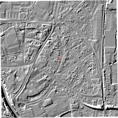 Shaded relief map of the ground around TA65EL, computed from Environment Agency LiDAR. The ground here sits at about 7 m above sea level and falls 10 m across the surrounding 800 m. Surface water reaching this point runs off ground lying to the north-north-west, 1.1 m higher.