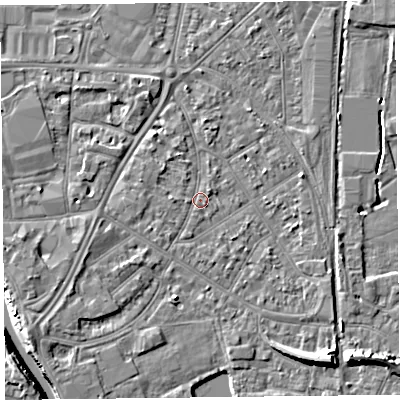 Shaded relief map of the ground around TA65EN, computed from Environment Agency LiDAR. The ground here sits at about 7 m above sea level and falls 10 m across the surrounding 800 m. Surface water reaching this point runs off ground lying to the north-west, 1.1 m higher.