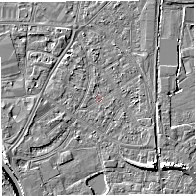 Shaded relief map of the ground around TA65EP, computed from Environment Agency LiDAR. The ground here sits at about 7 m above sea level and falls 10 m across the surrounding 800 m. Surface water reaching this point runs off ground lying to the north-west, 0.9 m higher.