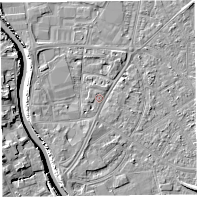 Shaded relief map of the ground around TA65EQ, computed from Environment Agency LiDAR. The ground here sits at about 7 m above sea level and falls 11 m across the surrounding 800 m. Surface water reaching this point runs off ground lying to the west-south-west, 2.2 m higher.