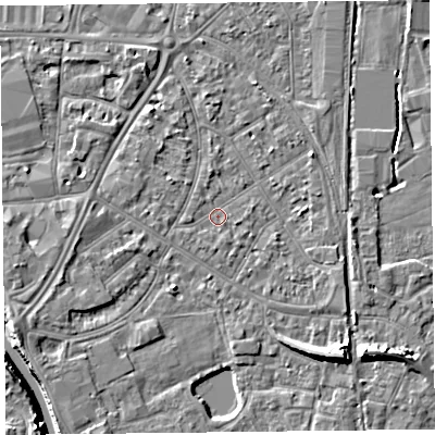 Shaded relief map of the ground around TA65ER, computed from Environment Agency LiDAR. The ground here sits at about 7 m above sea level and falls 10 m across the surrounding 800 m. Surface water reaching this point runs off ground lying to the west-south-west, 0.7 m higher.
