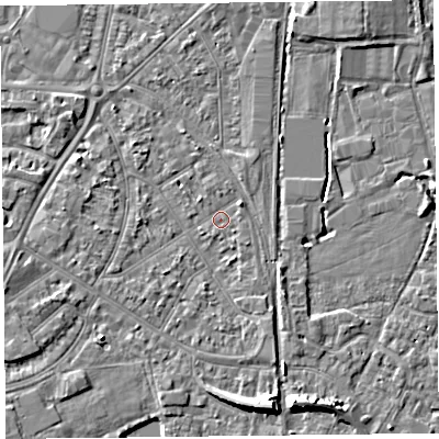 Shaded relief map of the ground around TA65ES, computed from Environment Agency LiDAR. The ground here sits at about 7 m above sea level and falls 7 m across the surrounding 800 m. Surface water reaching this point runs off ground lying to the north-east, 2.1 m higher.