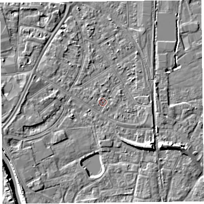 Shaded relief map of the ground around TA65ET, computed from Environment Agency LiDAR. The ground here sits at about 7 m above sea level and falls 10 m across the surrounding 800 m. Surface water reaching this point runs off ground lying to the north-north-west, 2.4 m higher.
