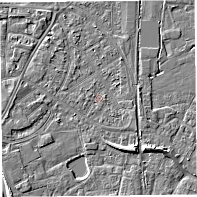 Shaded relief map of the ground around TA65EU, computed from Environment Agency LiDAR. The ground here sits at about 7 m above sea level and falls 9 m across the surrounding 800 m. Surface water reaching this point runs off ground lying to the south-east, 5.6 m higher.