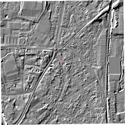Shaded relief map of the ground around TA65EW, computed from Environment Agency LiDAR. The ground here sits at about 7 m above sea level and falls 10 m across the surrounding 800 m. Surface water reaching this point runs off ground lying to the west-south-west, 2.3 m higher.